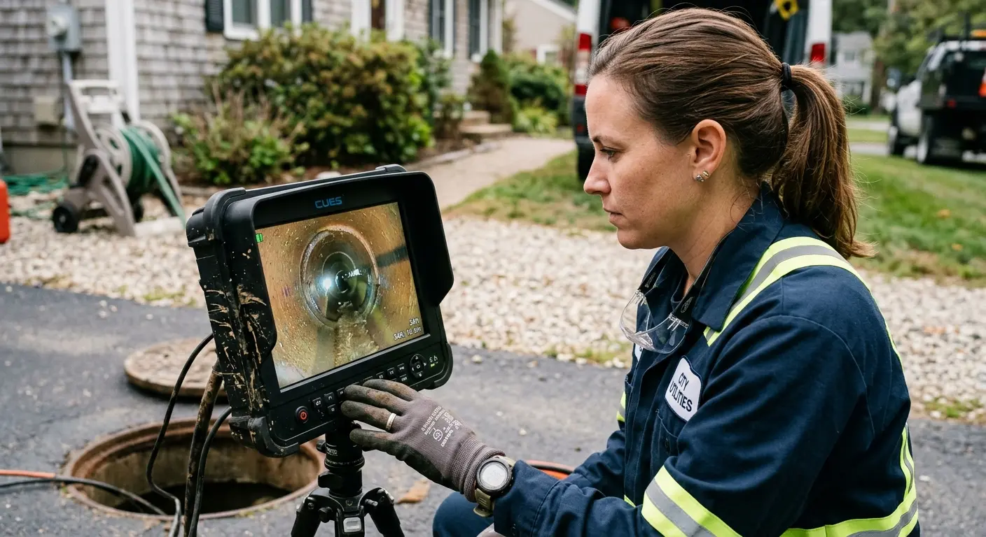 Technician reviewing sewer camera inspection footage in Albert Lea
