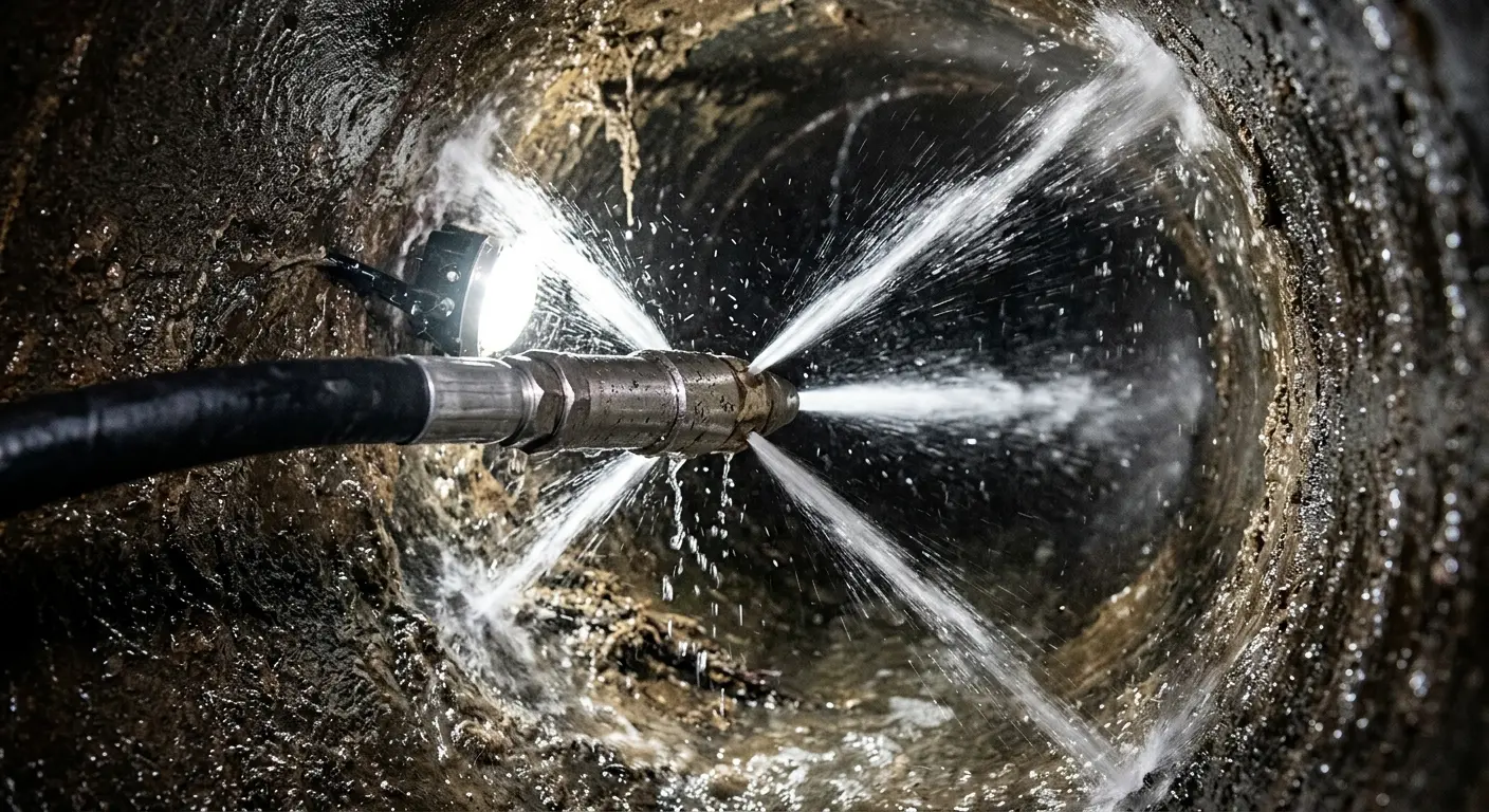 High-pressure hydro jetting nozzle cleaning sewer pipe for Storm Drain Cleaning in Albert Lea