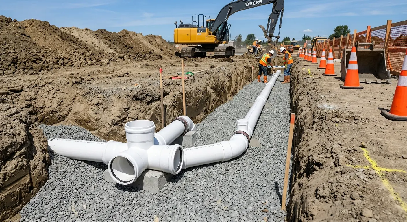 New PVC sewer pipe installation in open trench for Grease Trap Cleaning in Albert Lea