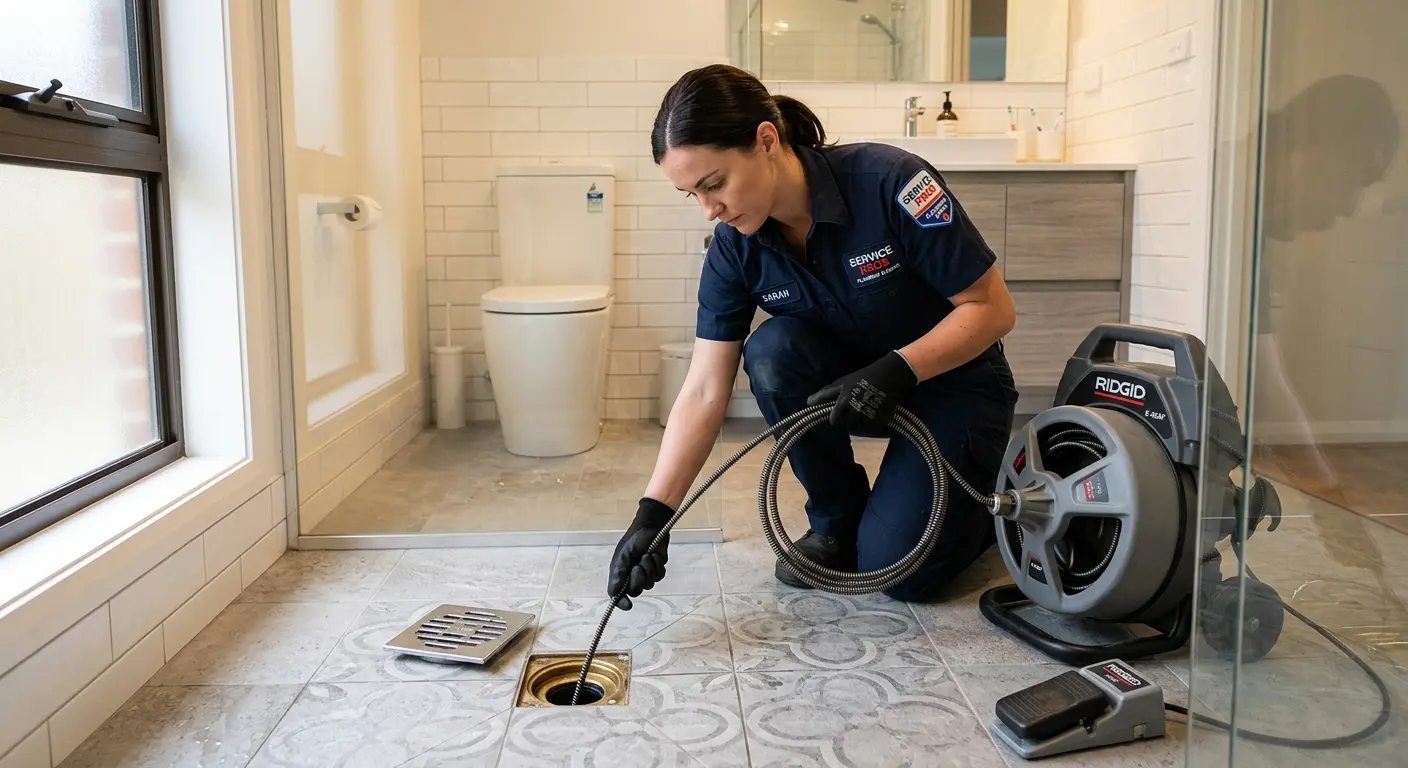 Technician clearing a bathroom floor drain for Drain Repair in Albert Lea